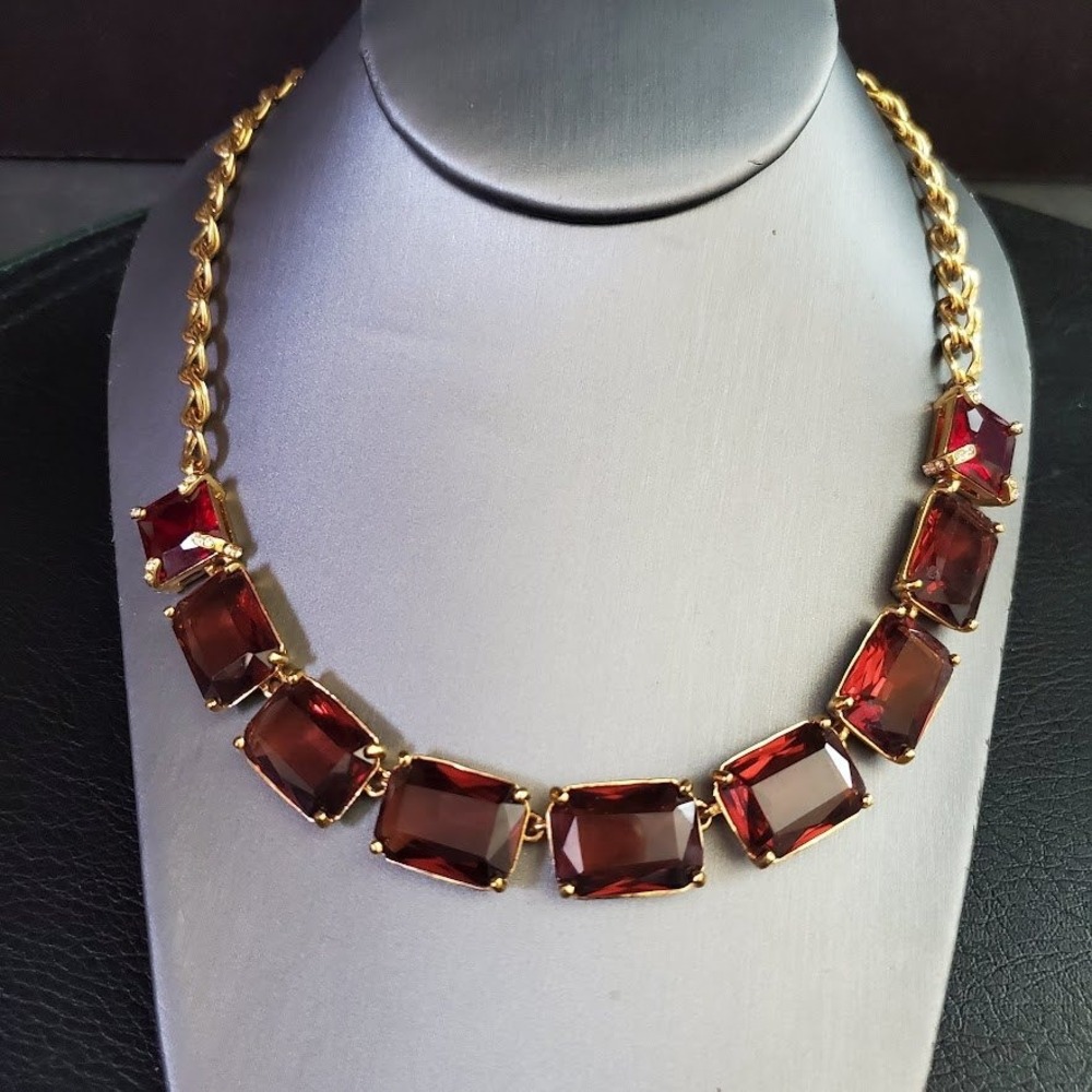 Kate Spade Jewel Blocks Gold Tone Burgundy Emerald Cut Stone Statement Necklace